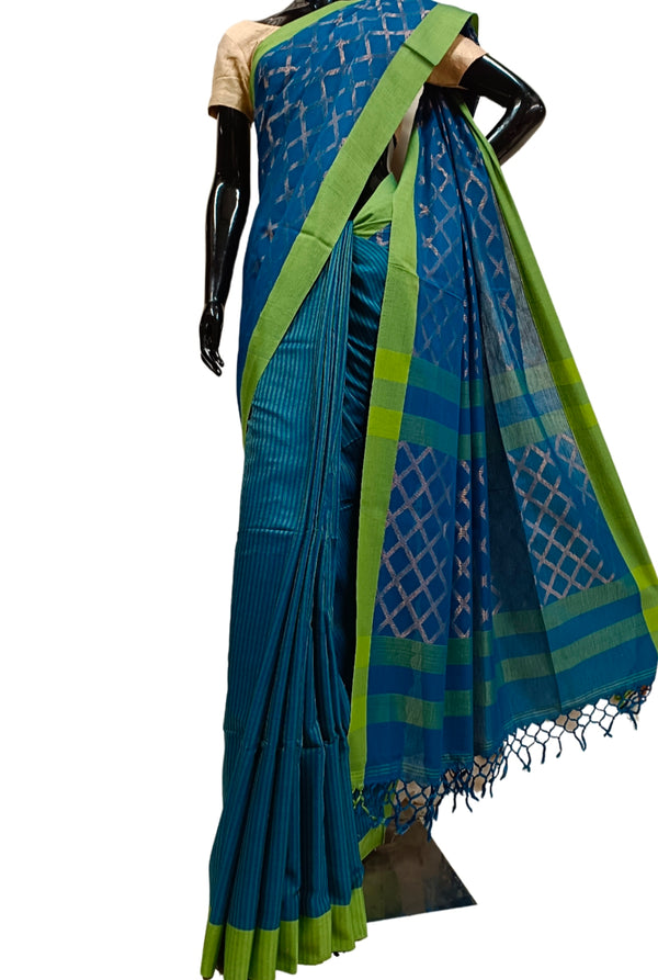 Blue Handloom Soft Cotton Saree With Green Border Balaram Saha