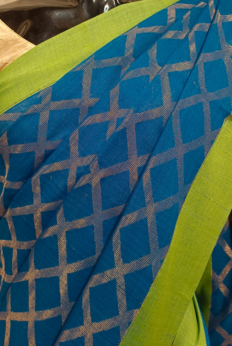 Blue Handloom Soft Cotton Saree With Green Border Balaram Saha