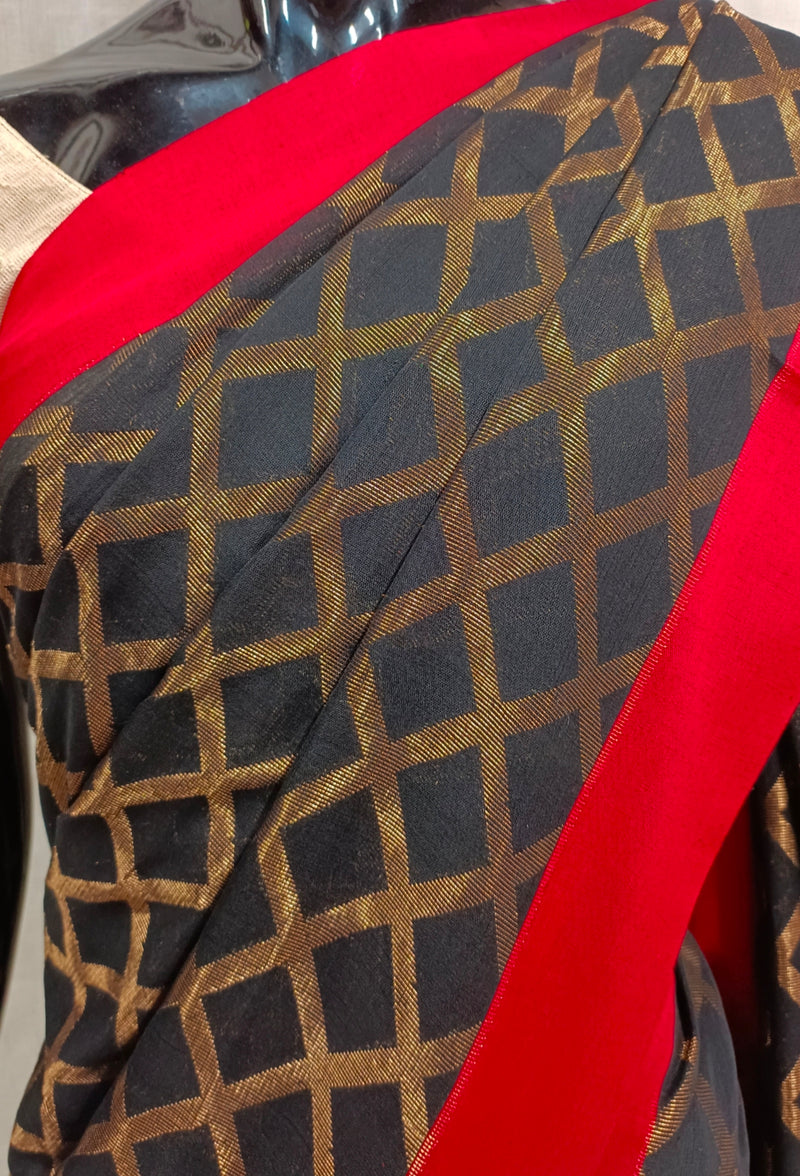Black handloom Soft Cotton Saree With Red Border Balaram Saha