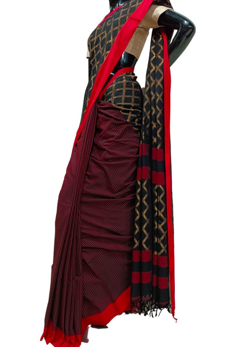 Black handloom Soft Cotton Saree With Red Border Balaram Saha