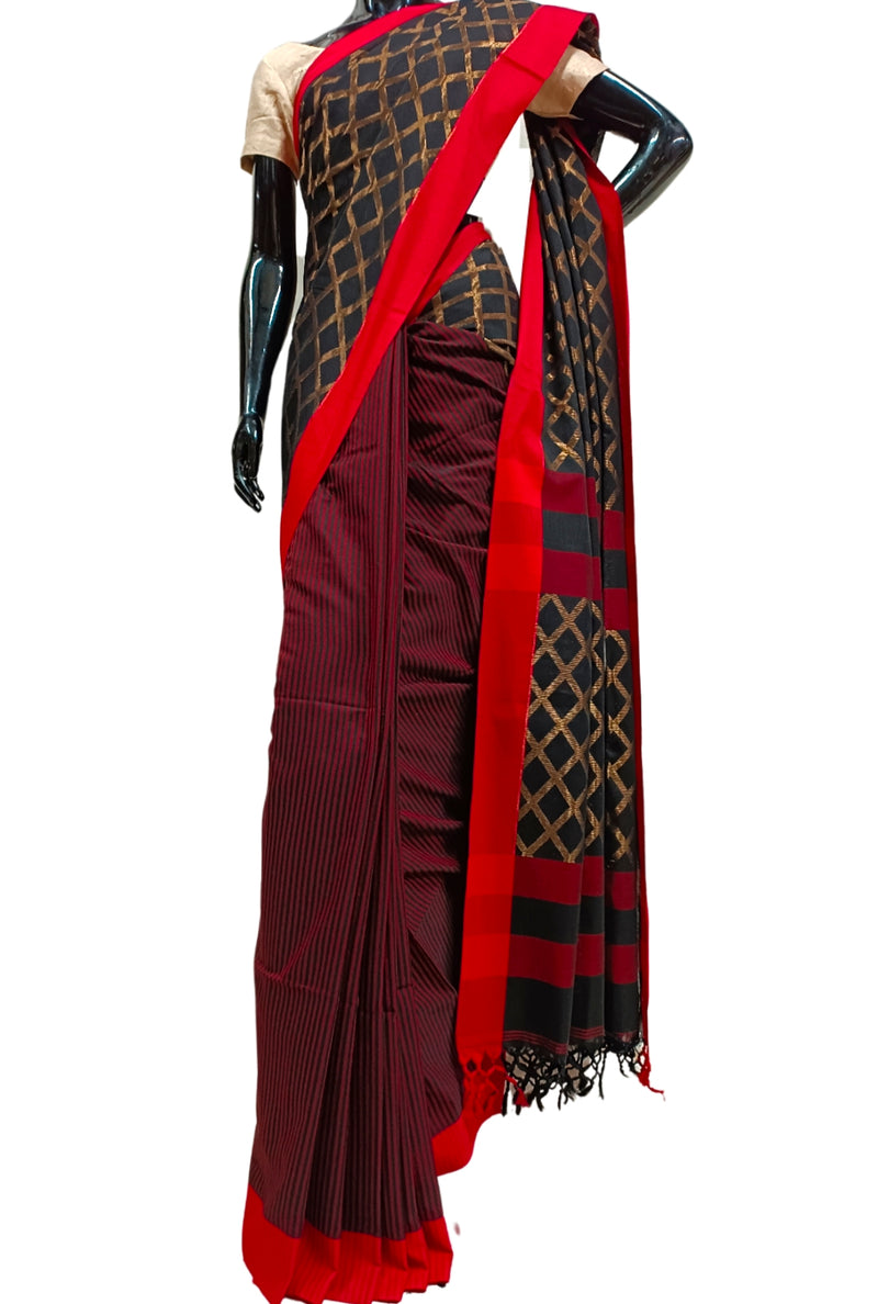 Black handloom Soft Cotton Saree With Red Border Balaram Saha