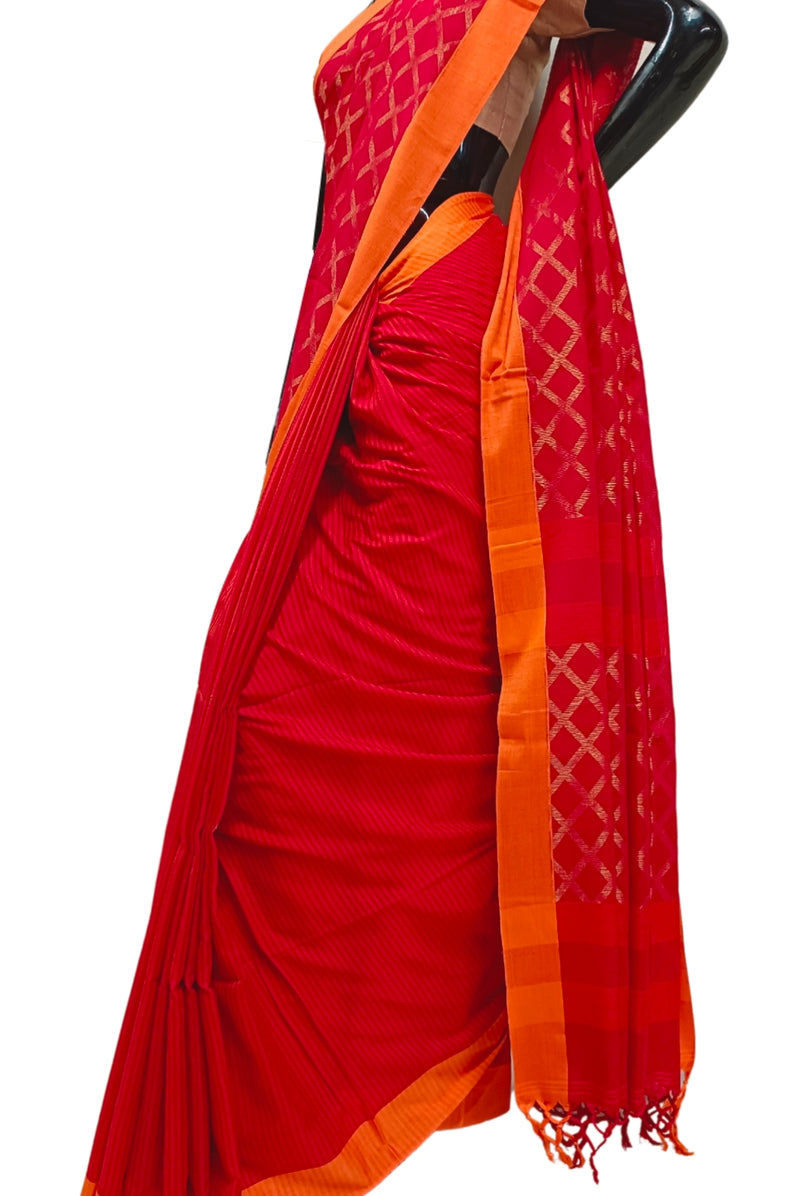 Red Handloom Soft Cotton Saree With Orang Border Balaram Saha