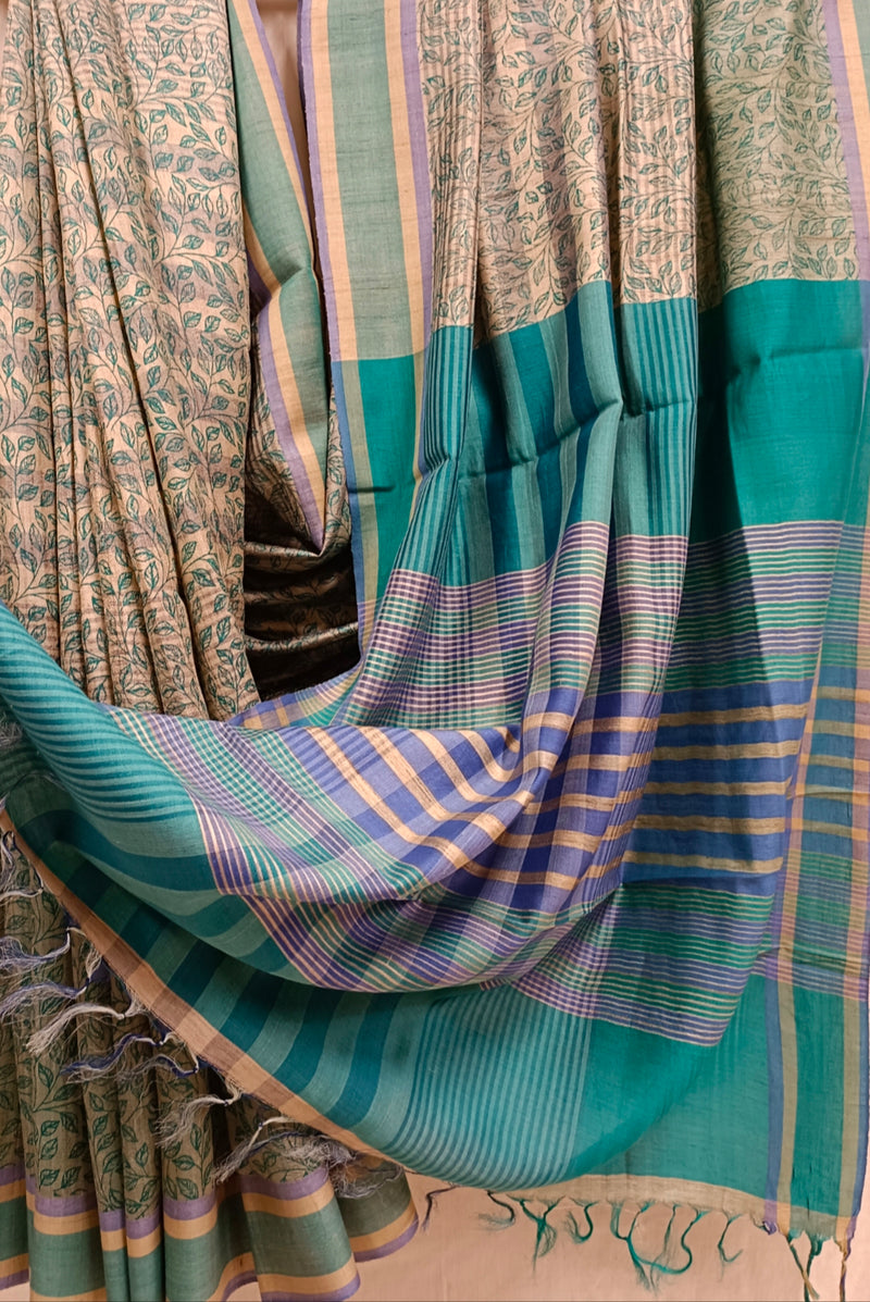 Natural Shade Handloom Tussar Printed silk Saree Balaram Saha