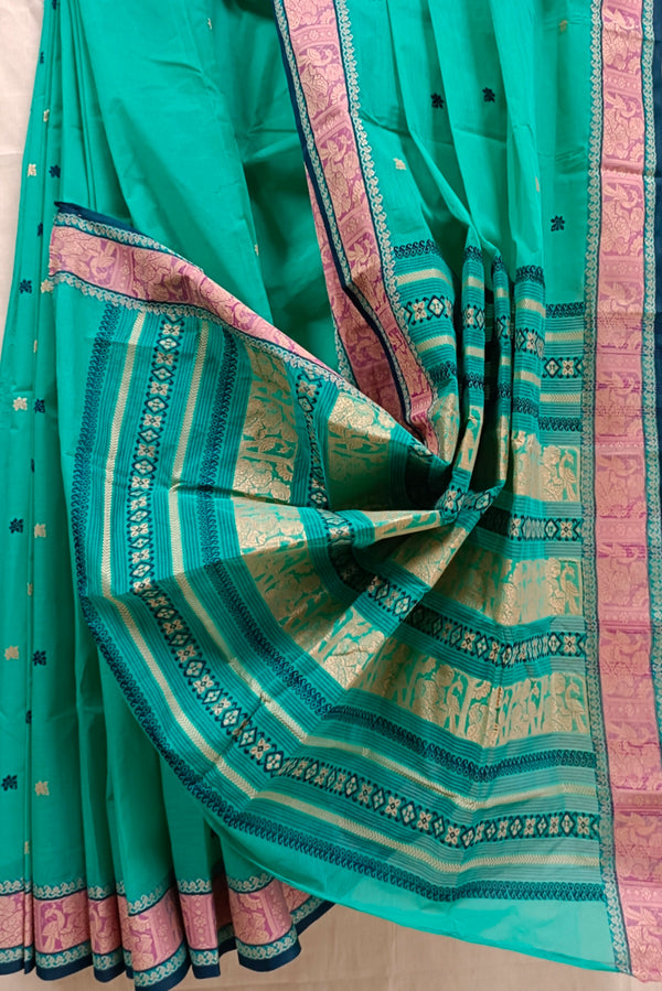 Sea Green & Pink handloom Traditional Cotton Baluchuri Saree Balaram Saha