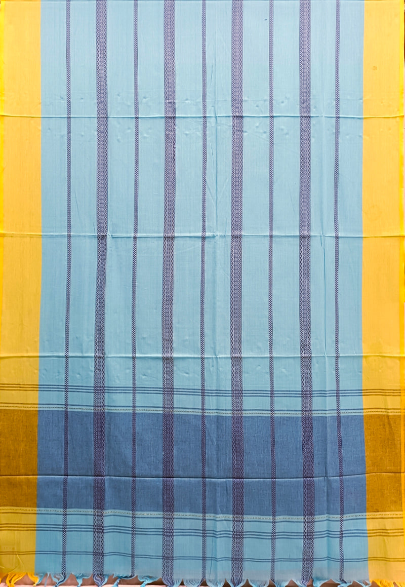 Sky Blue & Yellow Handloom Traditional Dhonekali Saree Balaram Saha