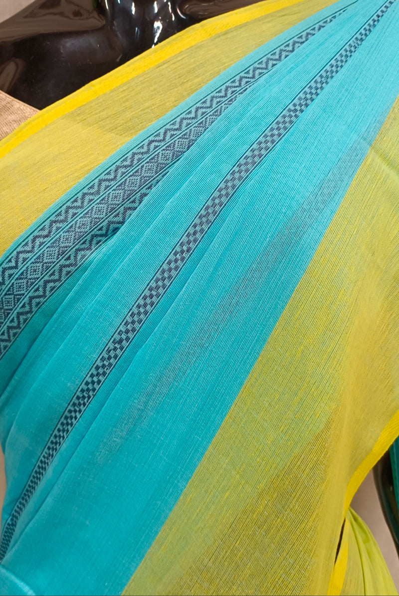 Sky Blue & Yellow Handloom Traditional Dhonekali Saree Balaram Saha