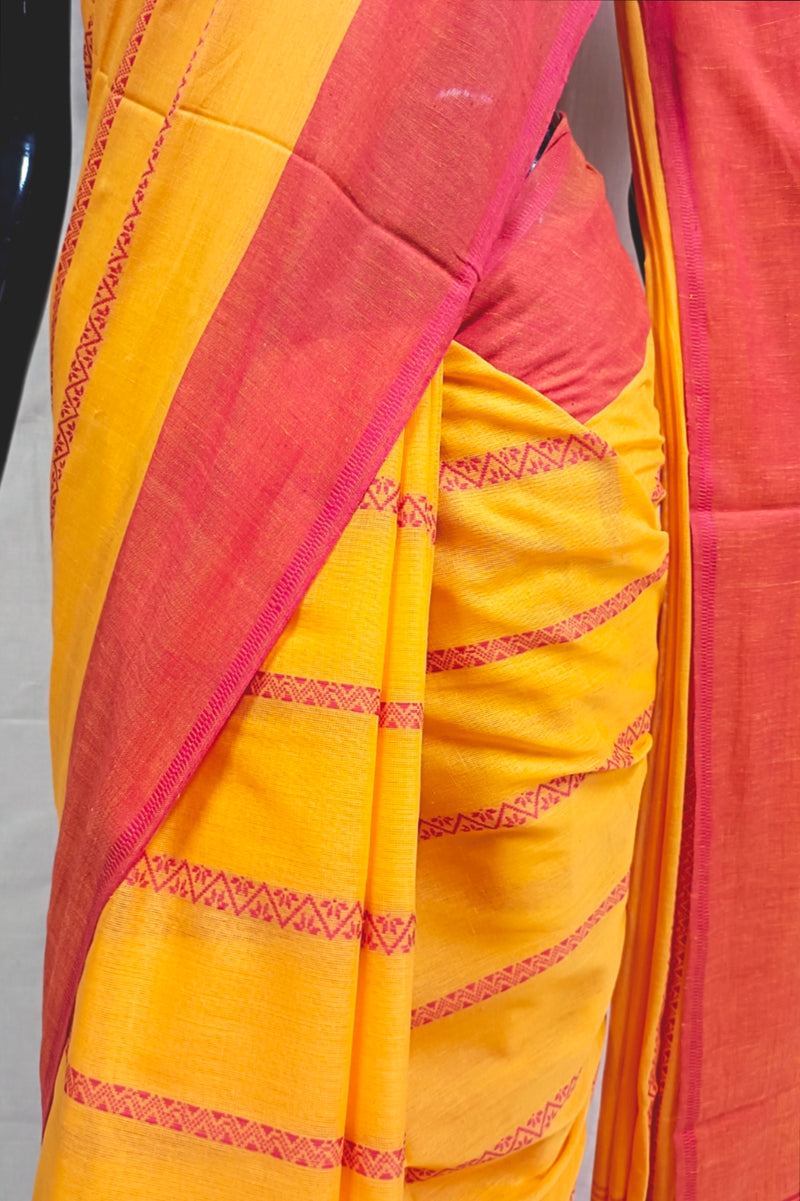 Yellow & Red Handloom Traditional Dhonekali Saree Balaram Saha