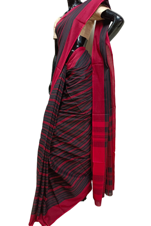Black & Red Handloom Traditional Dhonekali Saree Balaram Saha