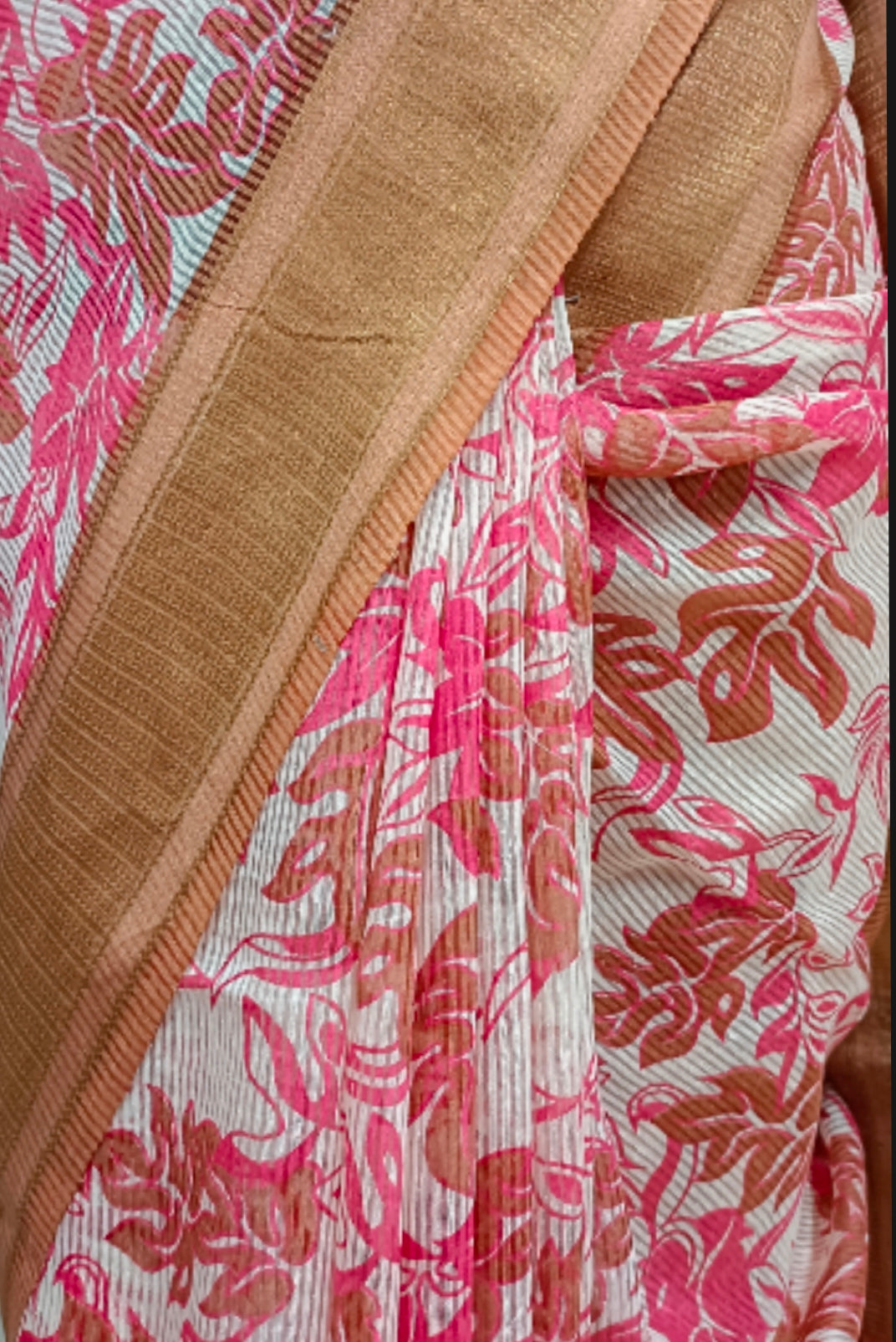 White & Rust Handloom Silk Printed  Saree Balaram Saha