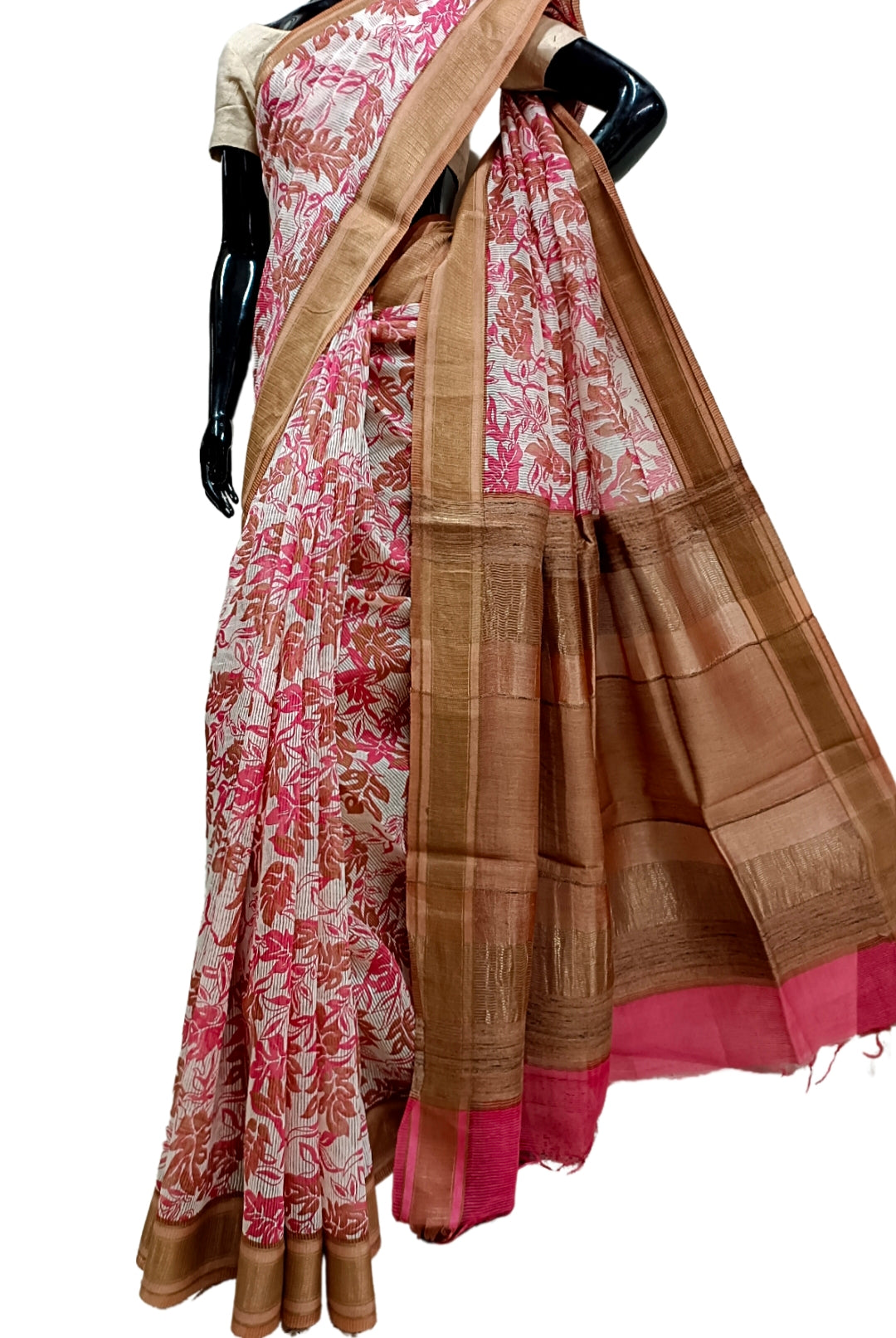 White & Rust Handloom Silk Printed  Saree Balaram Saha