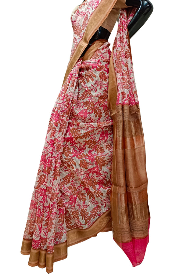White & Rust Handloom Silk Printed  Saree Balaram Saha