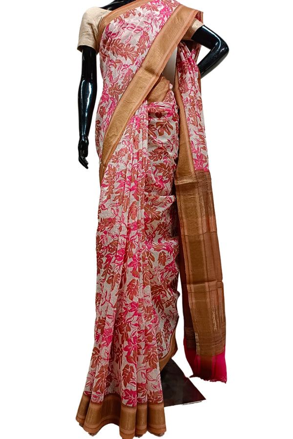White & Rust Handloom Silk Printed  Saree Balaram Saha