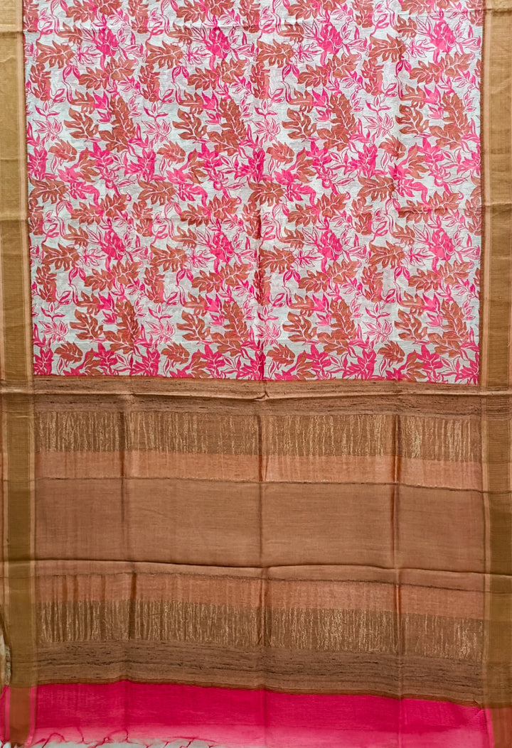 White & Rust Handloom Silk Printed  Saree Balaram Saha