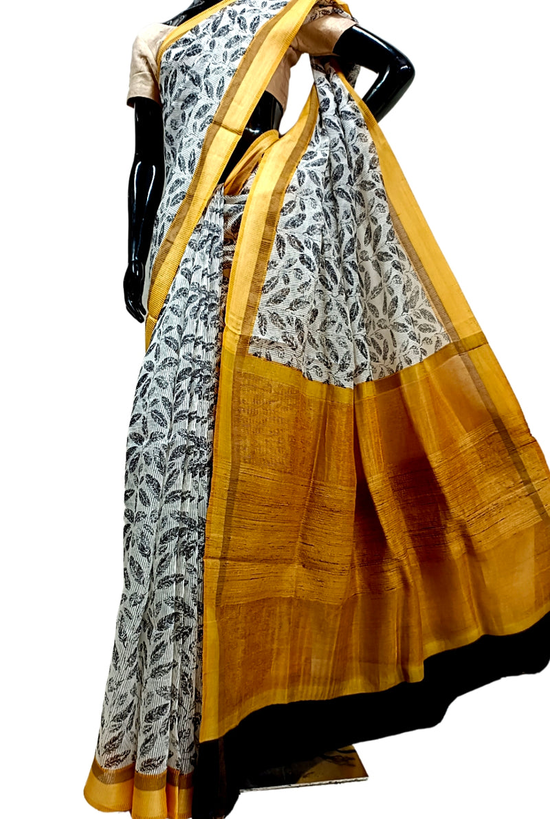 White & Black Handloom Silk Printed  Saree Balaram Saha