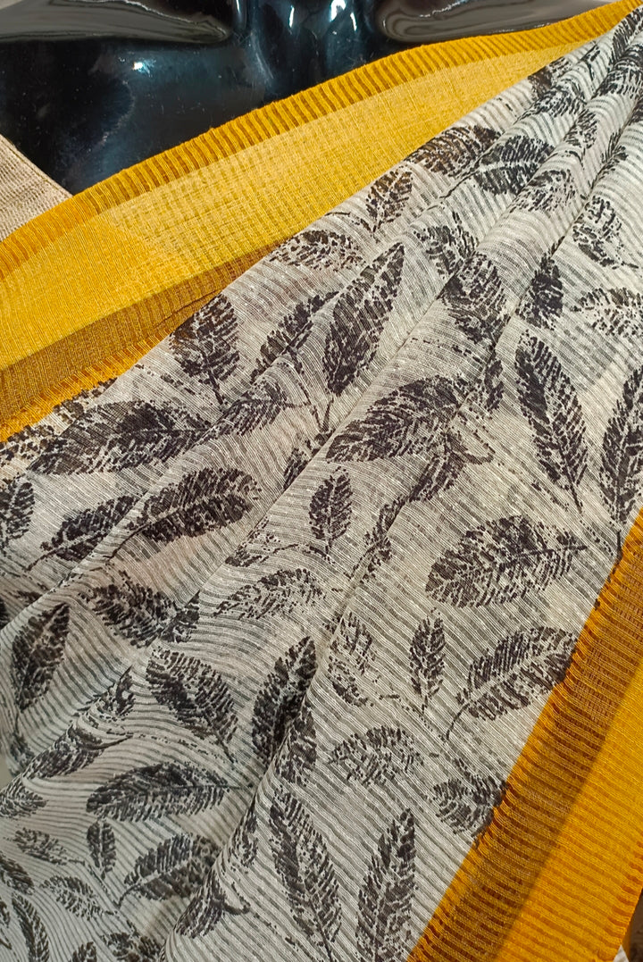 White & Black Handloom Silk Printed  Saree Balaram Saha