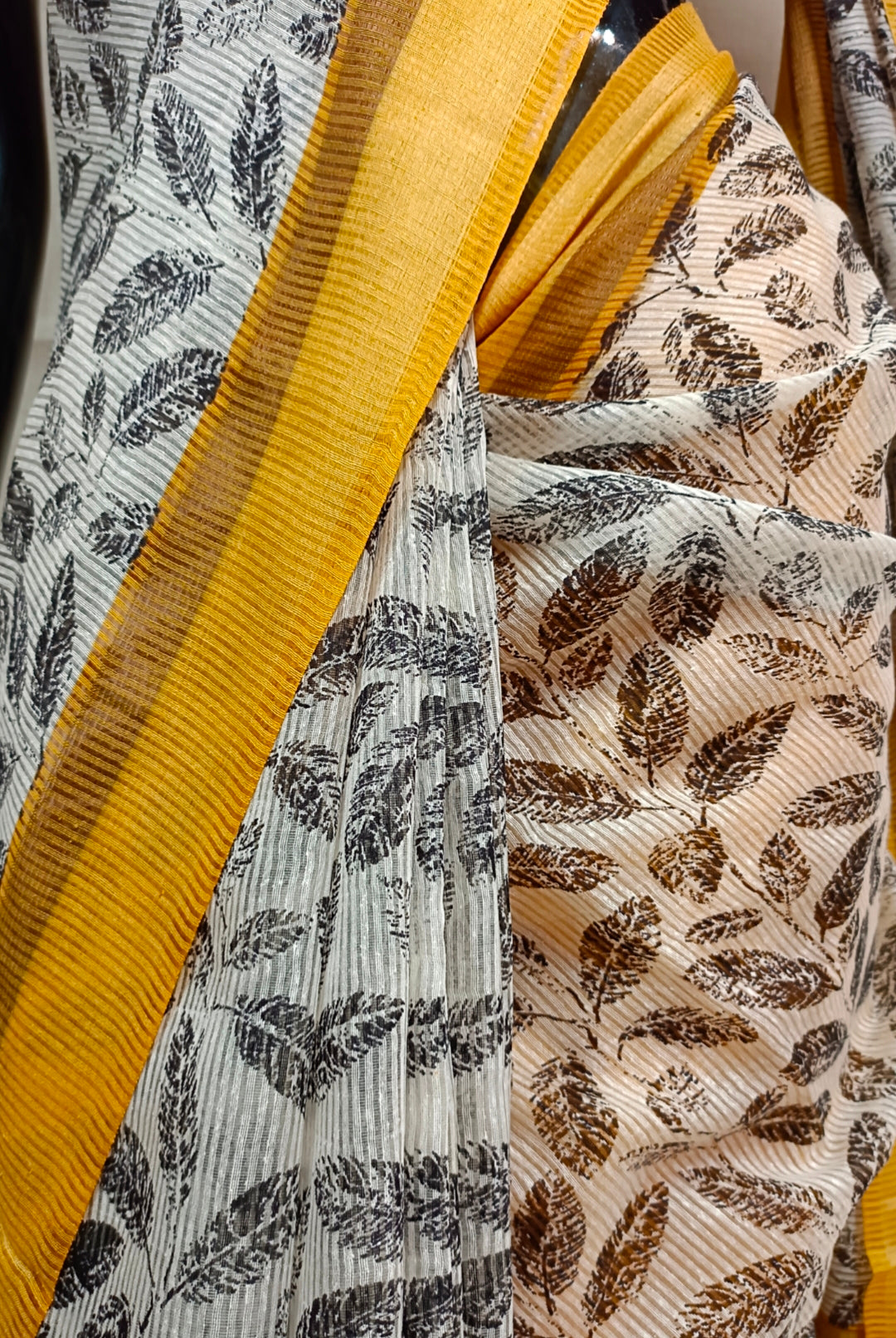 White & Black Handloom Silk Printed  Saree Balaram Saha