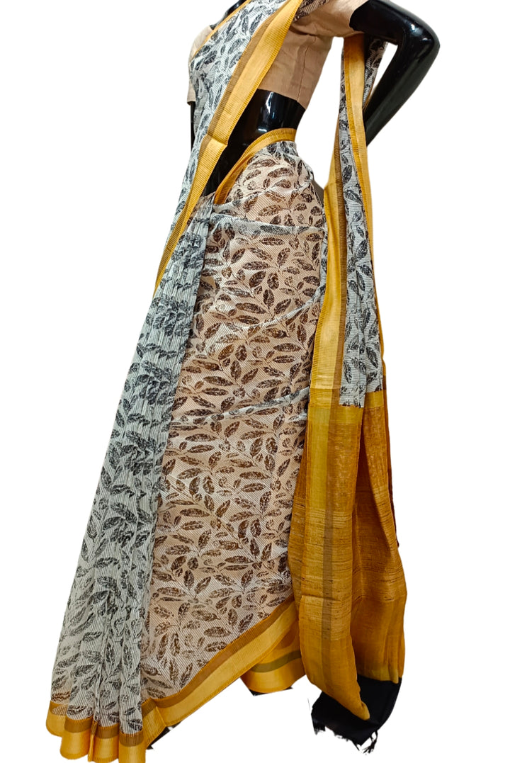 White & Black Handloom Silk Printed  Saree Balaram Saha