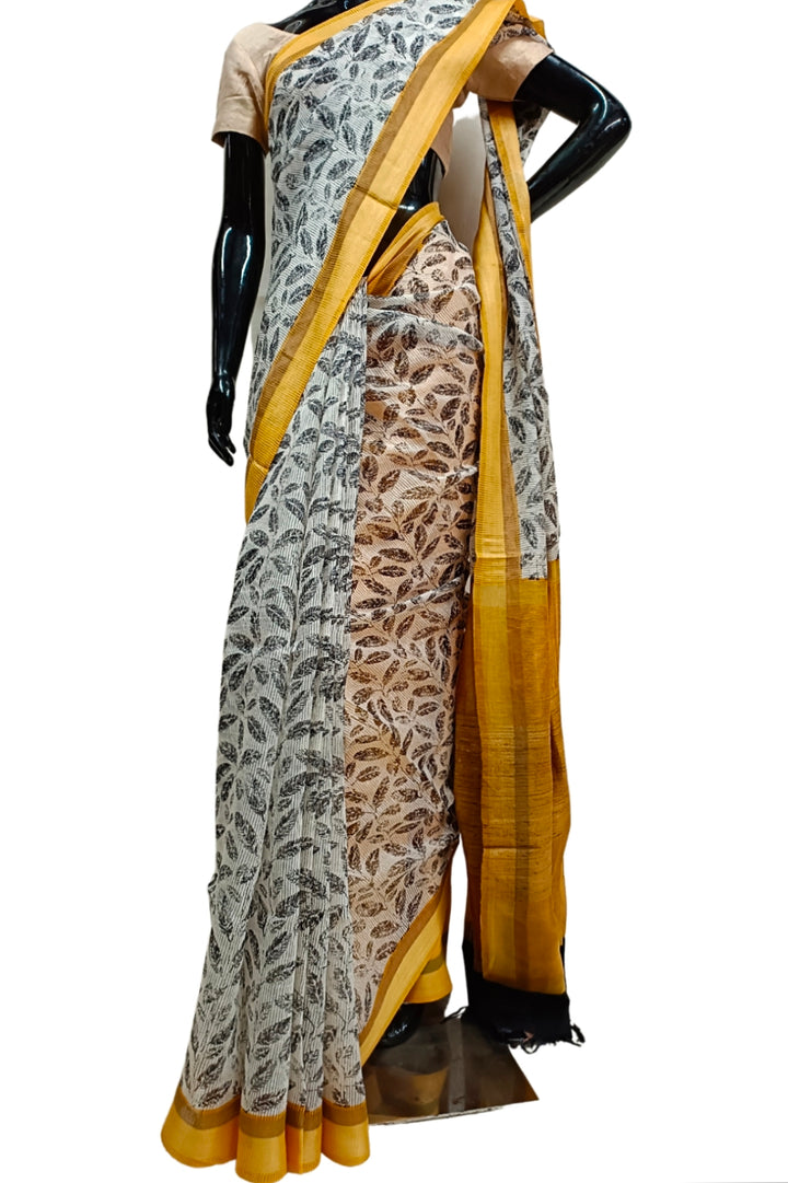 White & Black Handloom Silk Printed  Saree Balaram Saha