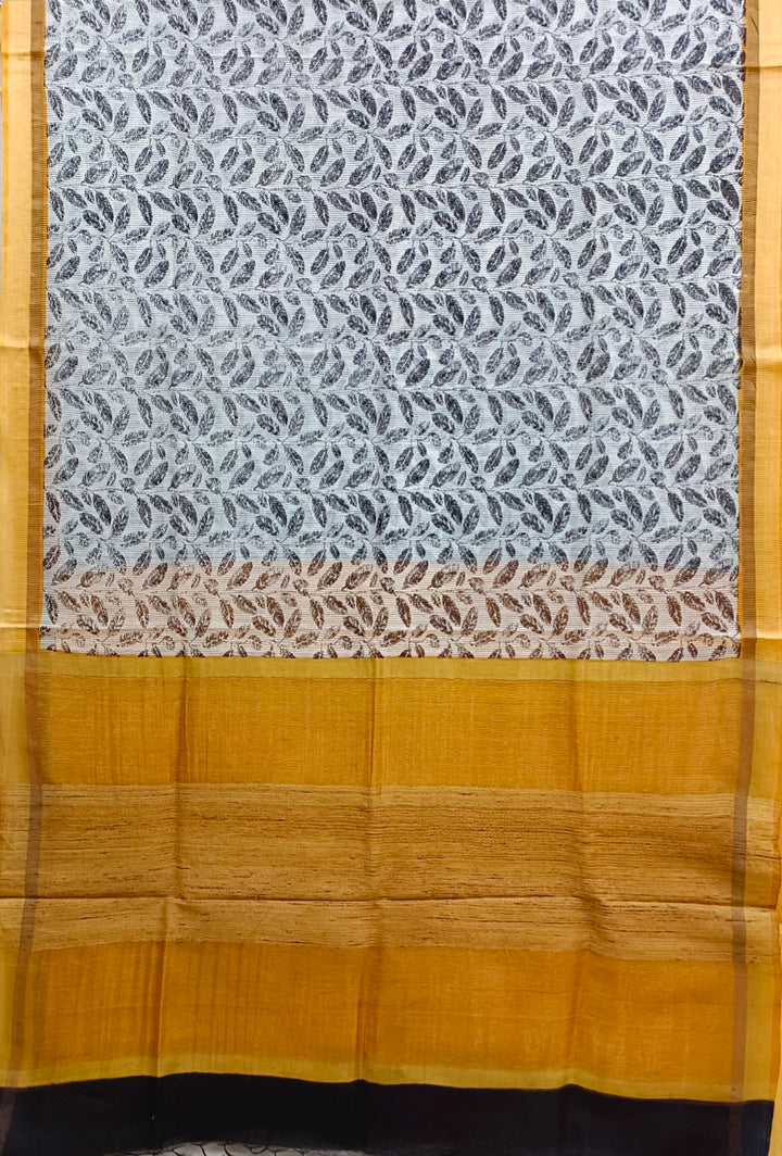 White & Black Handloom Silk Printed  Saree Balaram Saha