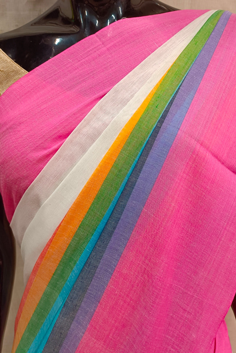 Off-White Soft Handloom Traditional Dhonekali Cotton Saree ( Rainbow Saree ) Balaram Saha