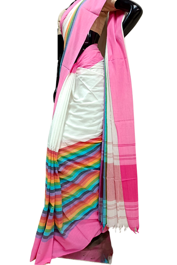 Off-White Soft Handloom Traditional Dhonekali Cotton Saree ( Rainbow Saree ) Balaram Saha
