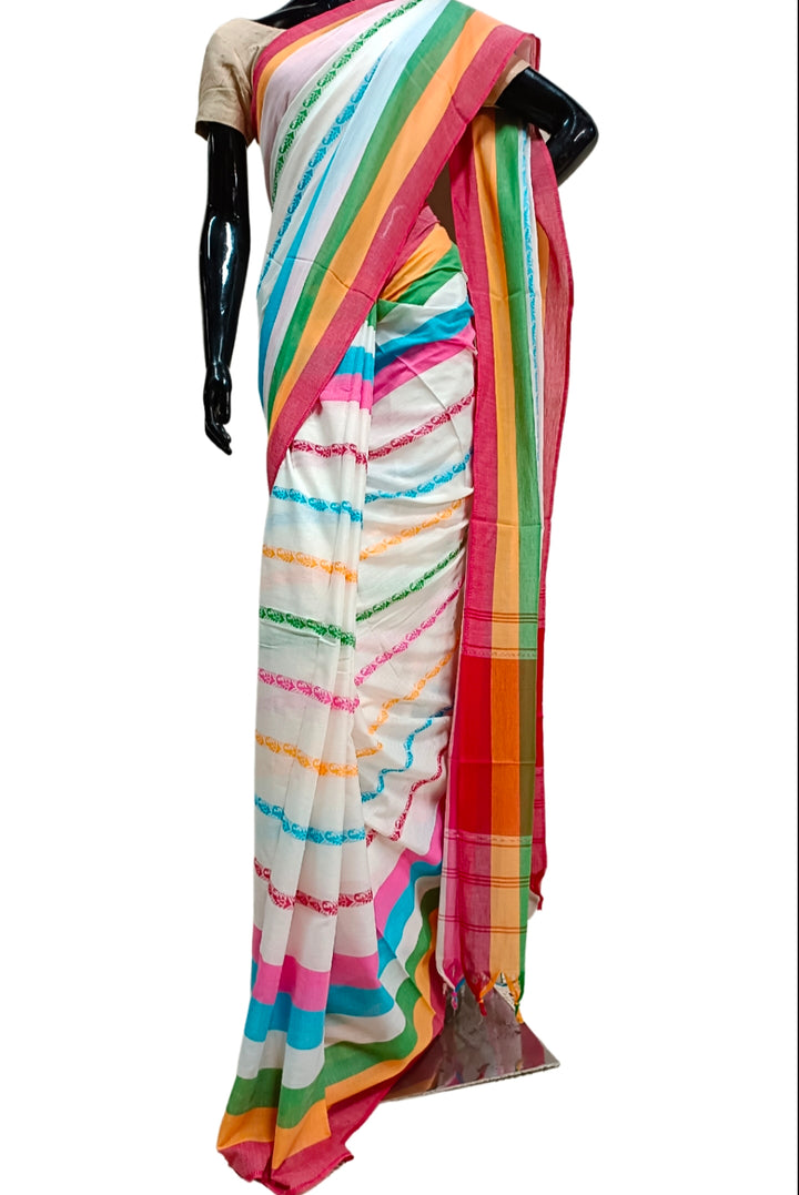 Off-White Soft Handloom Traditional Dhonekali Cotton Saree With Multicolour Stripes Balaram Saha