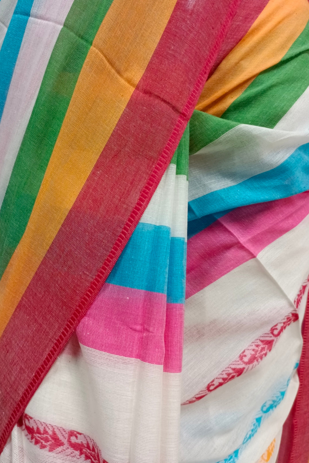 Off-White Soft Handloom Traditional Dhonekali Cotton Saree With Multicolour Stripes Balaram Saha
