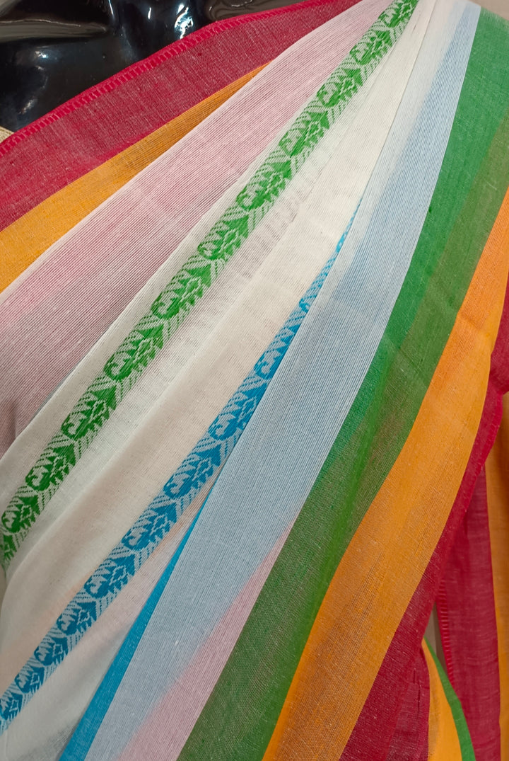 Off-White Soft Handloom Traditional Dhonekali Cotton Saree With Multicolour Stripes Balaram Saha