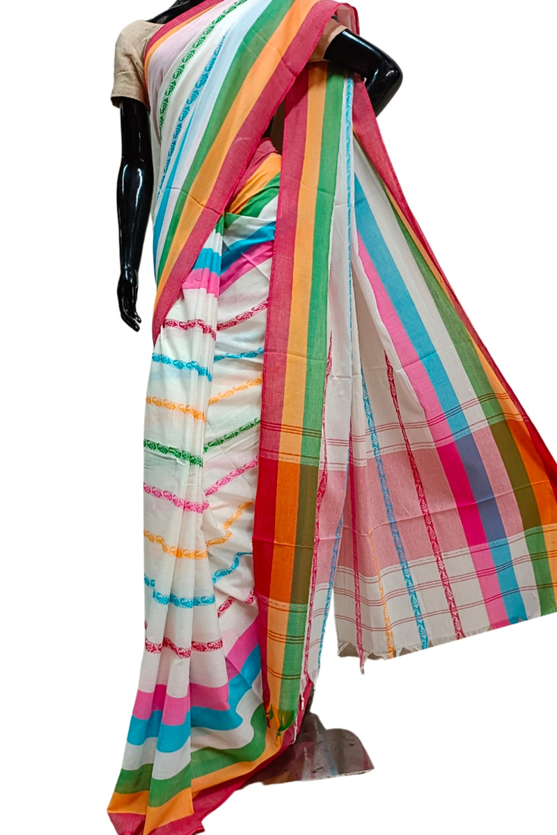 Off-White Soft Handloom Traditional Dhonekali Cotton Saree With Multicolour Stripes Balaram Saha