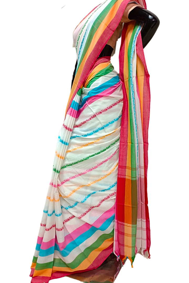 Off-White Soft Handloom Traditional Dhonekali Cotton Saree With Multicolour Stripes Balaram Saha