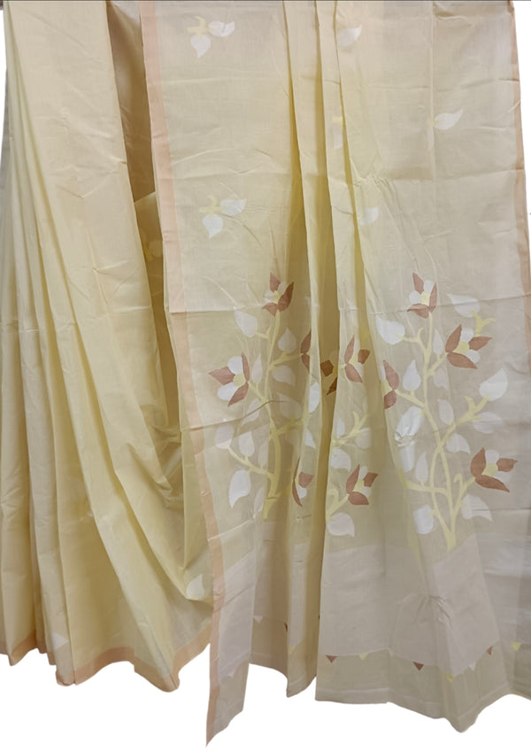 Light Yellow Handloom Traditional Cotton Dhakai Jamdani Saree Balaram Saha
