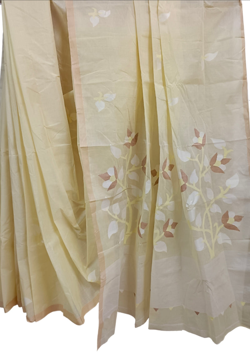 Light Yellow Handloom Traditional Cotton Dhakai Jamdani Saree Balaram Saha