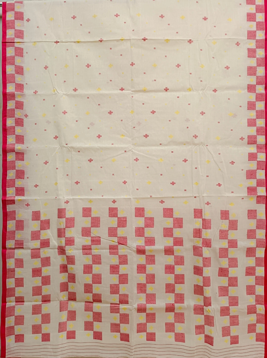 Off-White & Red Handloom Traditional Cotton Jamdani Saree Balaram Saha