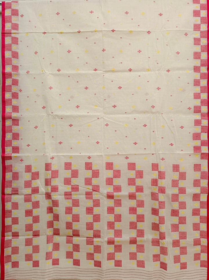 Off-White & Red Handloom Traditional Cotton Jamdani Saree Balaram Saha