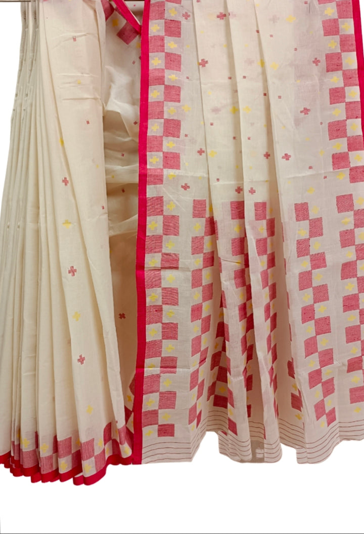 Off-White & Red Handloom Traditional Cotton Jamdani Saree Balaram Saha