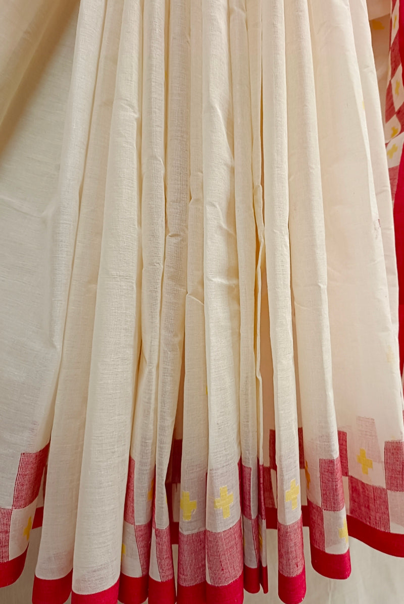 Off-White & Red Handloom Traditional Cotton Jamdani Saree Balaram Saha