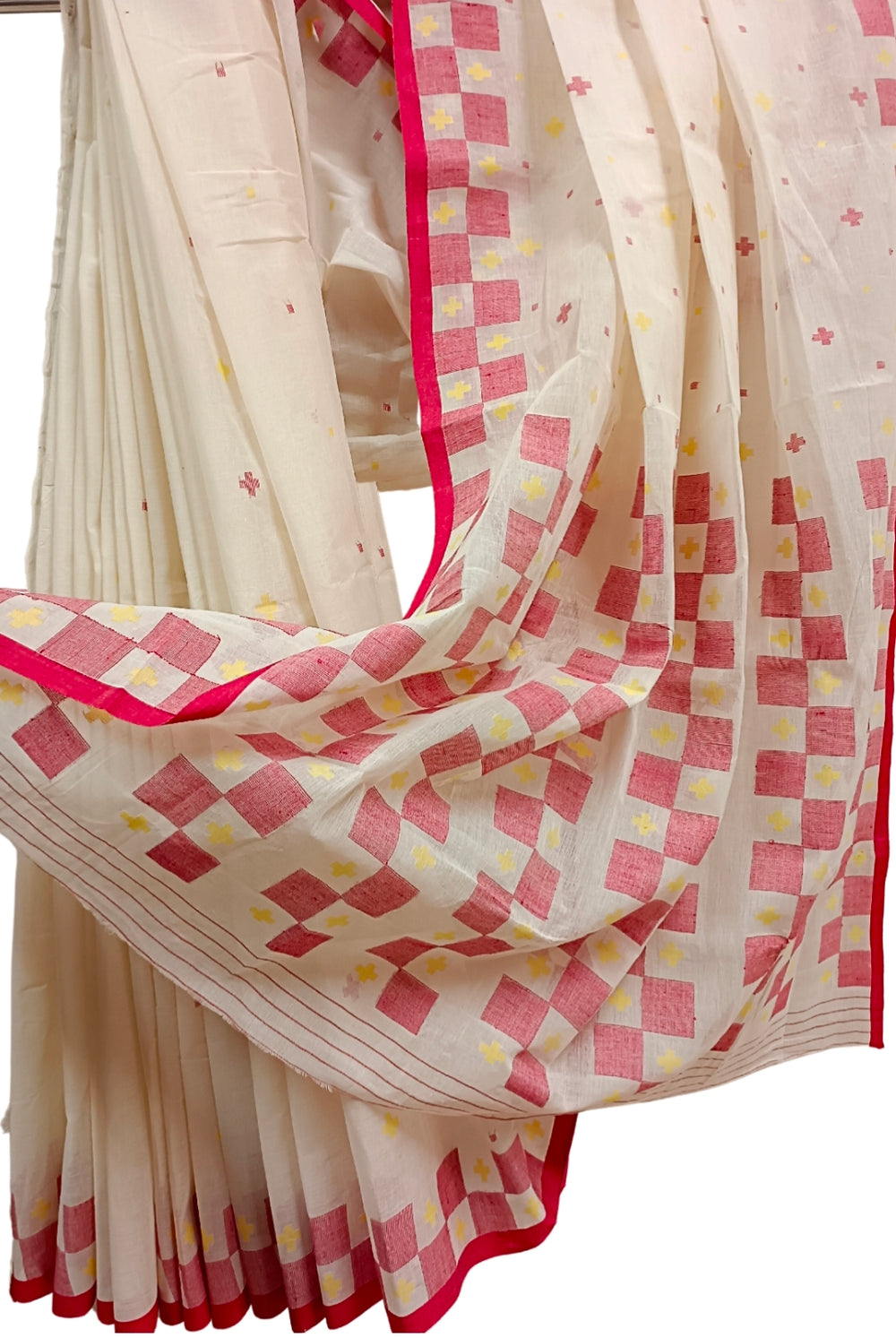 Off-White & Red Handloom Traditional Cotton Jamdani Saree Balaram Saha