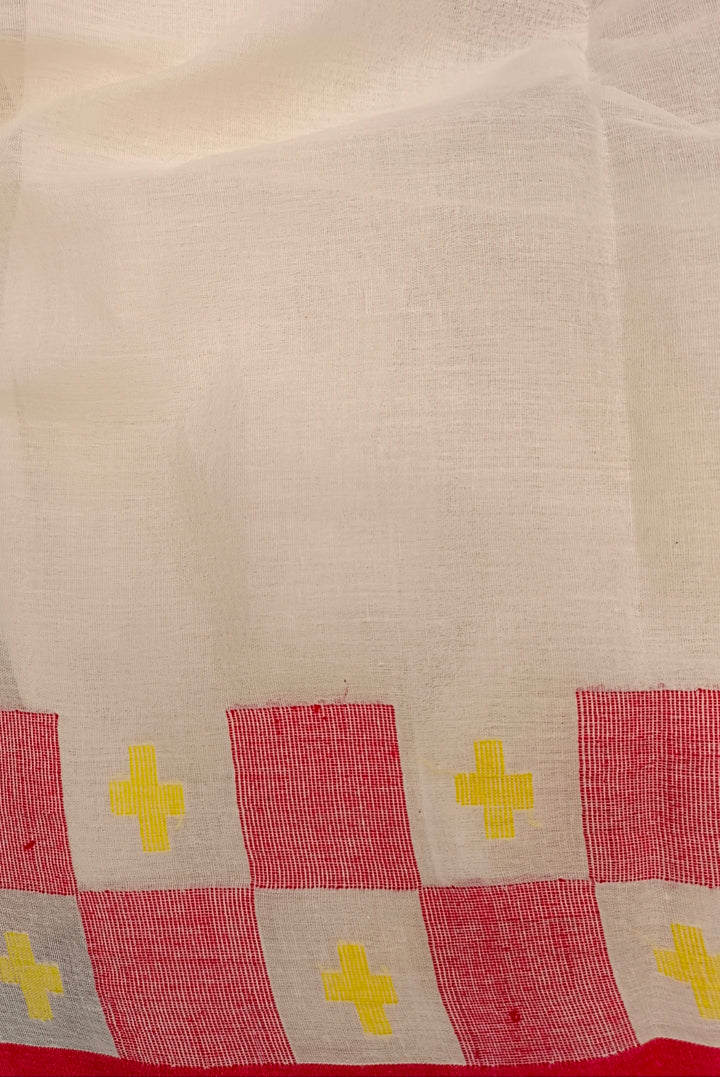 Off-White & Red Handloom Traditional Cotton Jamdani Saree Balaram Saha