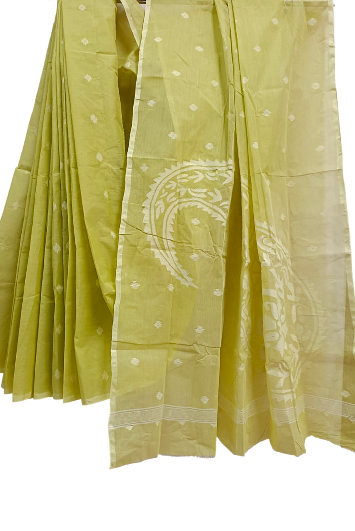 Lemon Green Handloom Traditional Cotton Handwoven Jamdani Saree Balaram Saha