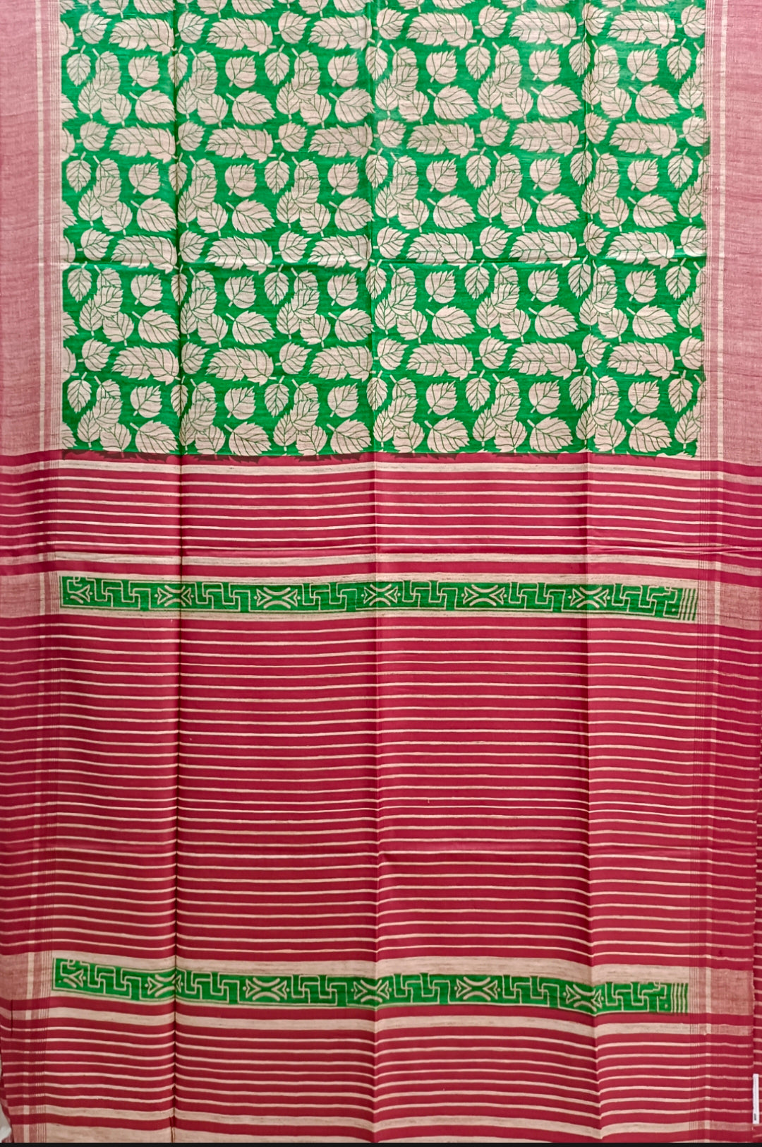 Beige & Green Handloom Ghicha Tussar Silk Printed Saree Balaram Saha