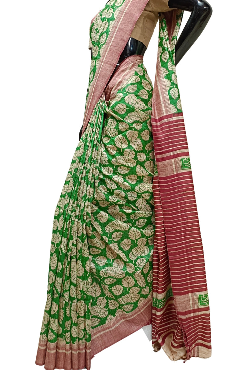 Beige & Green Handloom Ghicha Tussar Silk Printed Saree Balaram Saha