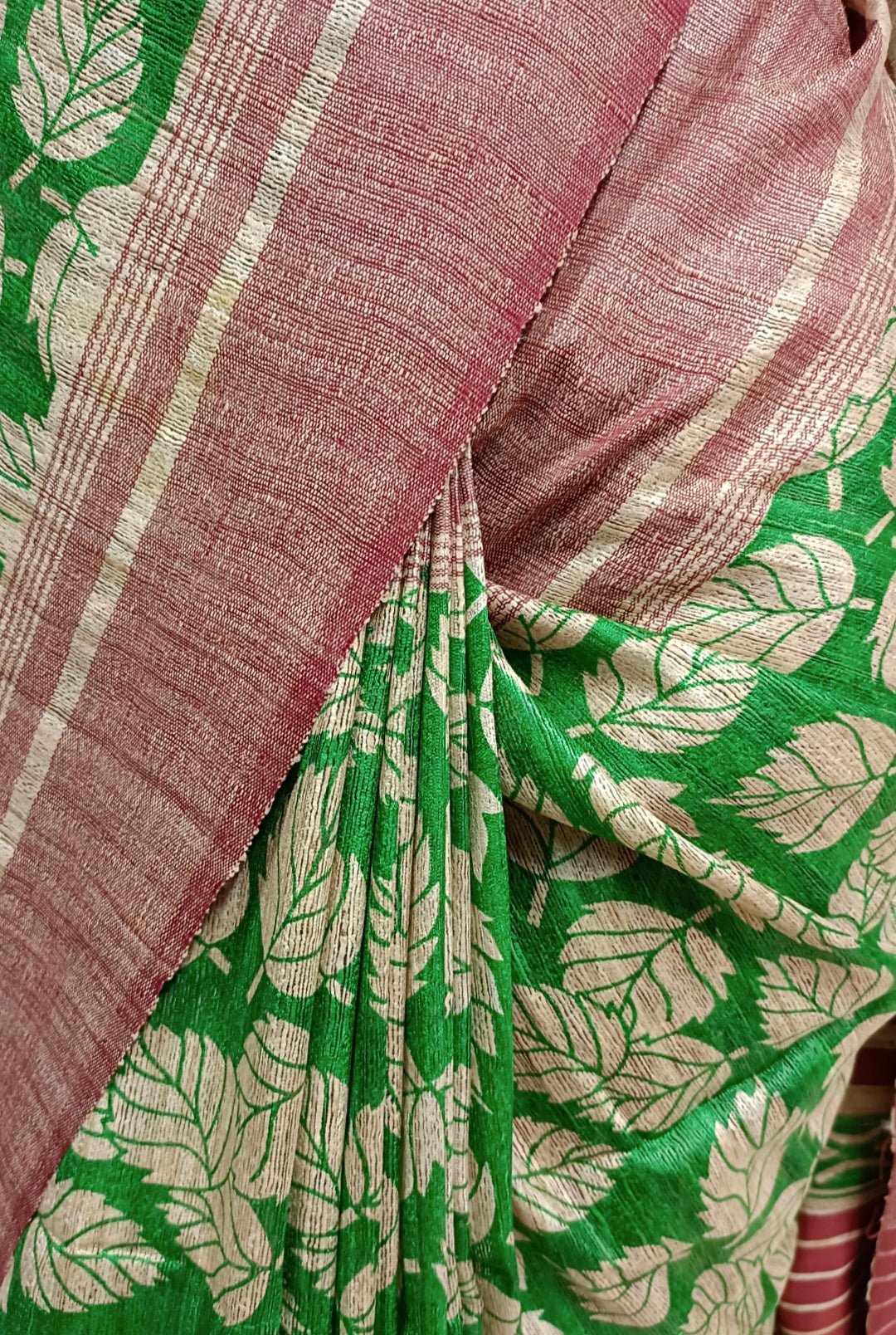 Beige & Green Handloom Ghicha Tussar Silk Printed Saree Balaram Saha