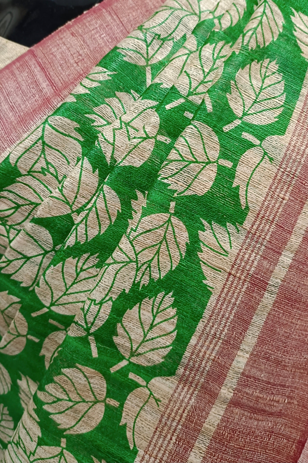 Beige & Green Handloom Ghicha Tussar Silk Printed Saree Balaram Saha