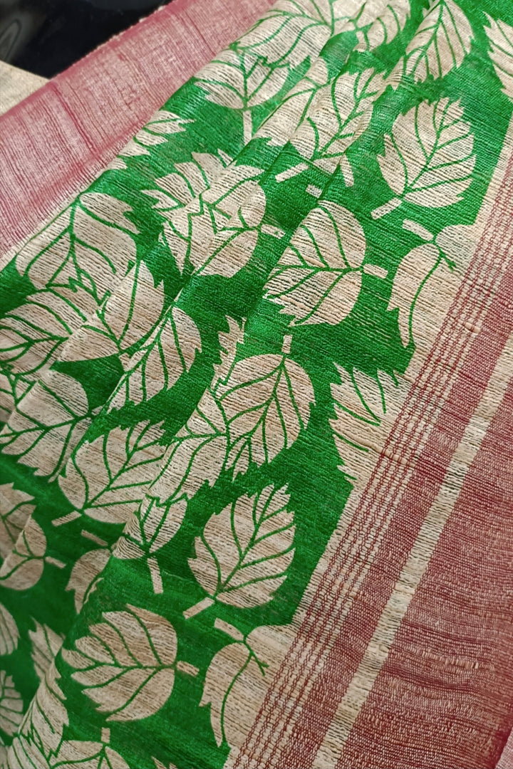 Beige & Green Handloom Ghicha Tussar Silk Printed Saree Balaram Saha