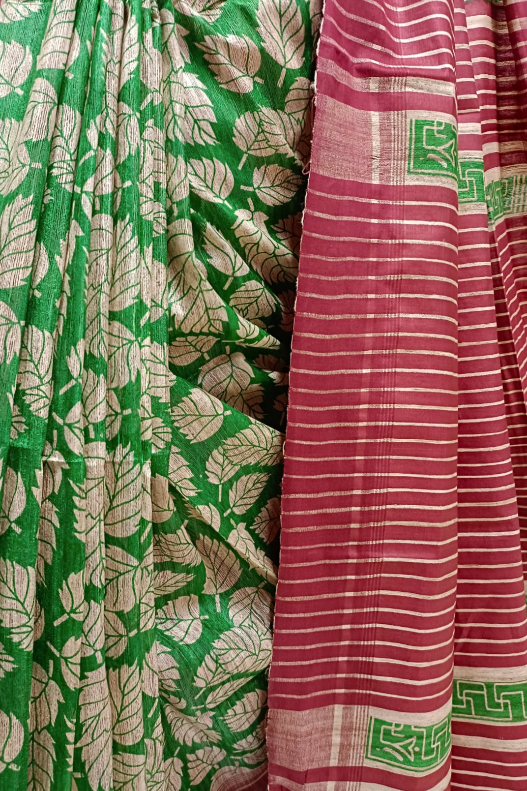 Beige & Green Handloom Ghicha Tussar Silk Printed Saree Balaram Saha