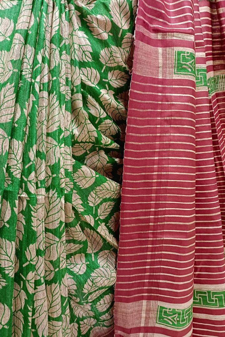 Beige & Green Handloom Ghicha Tussar Silk Printed Saree Balaram Saha