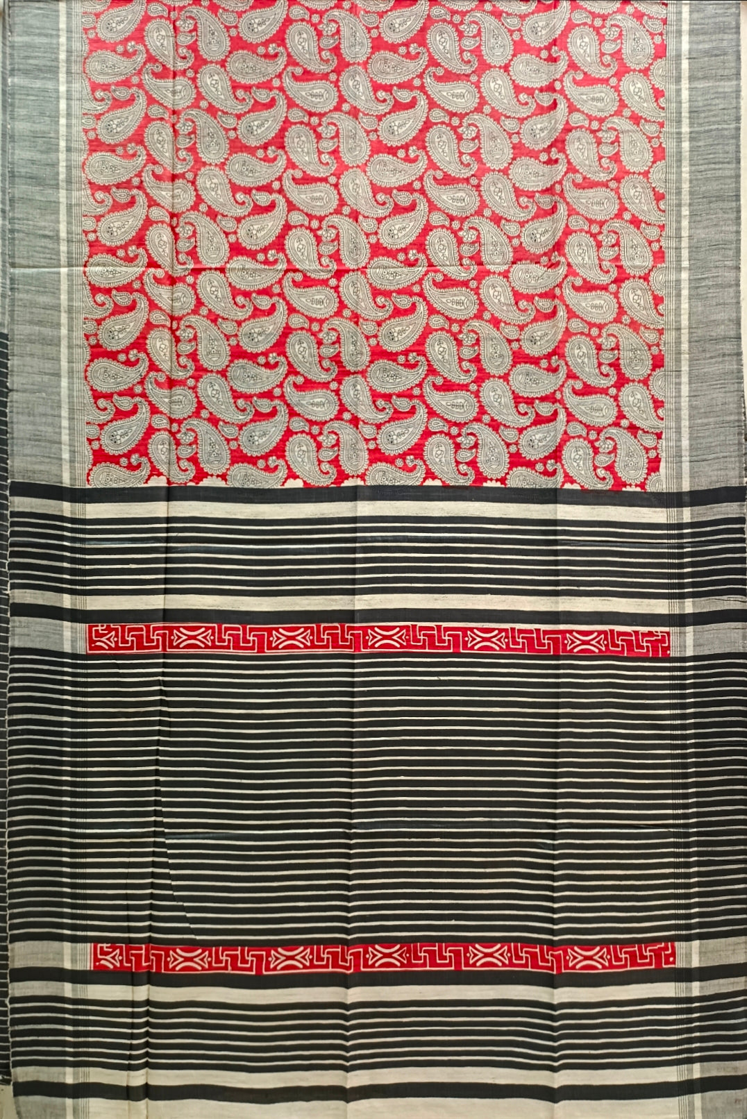 Red & Black Handloom Ghicha Tussar Silk Print Saree Balaram Saha