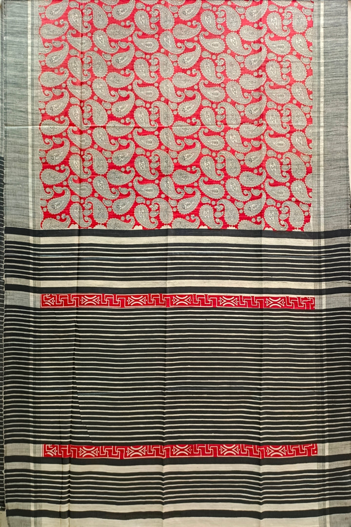 Red & Black Handloom Ghicha Tussar Silk Print Saree Balaram Saha