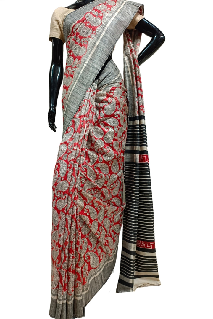 Red & Black Handloom Ghicha Tussar Silk Print Saree Balaram Saha