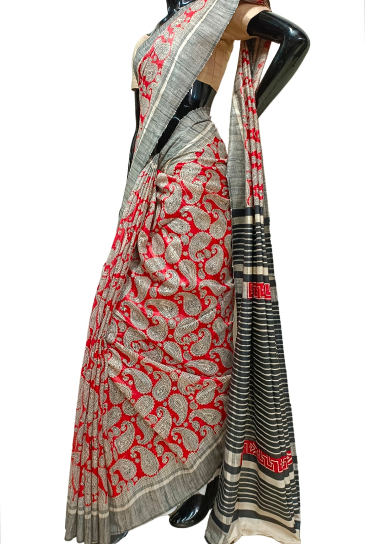 Red & Black Handloom Ghicha Tussar Silk Print Saree Balaram Saha